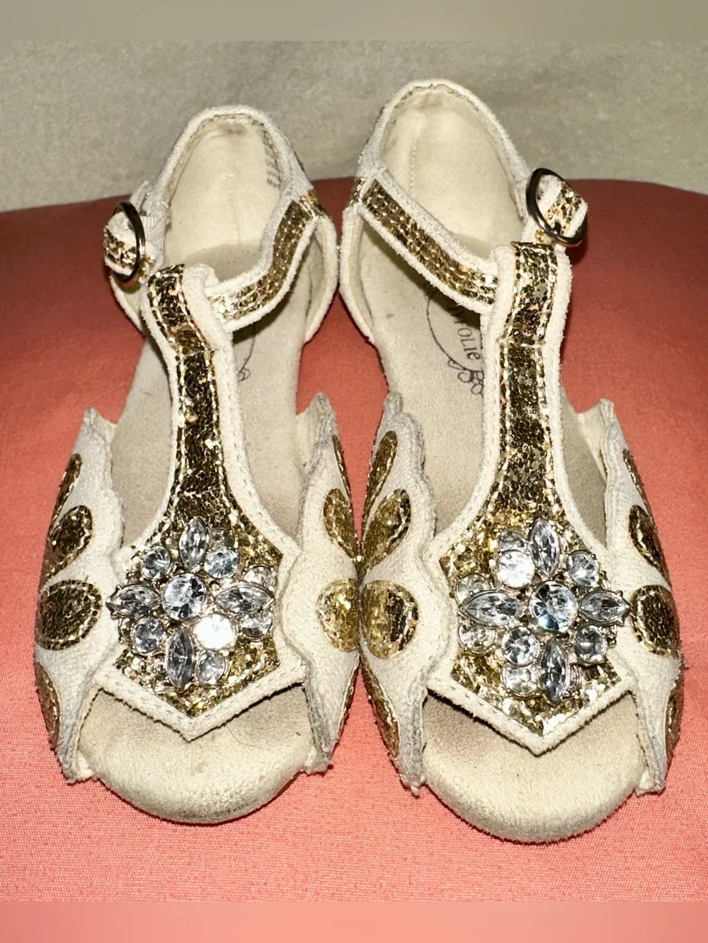 Joyfolie Gold Glitter Mari Flat Sandals Rhinestone Flower Girl Dress Shoe 9T